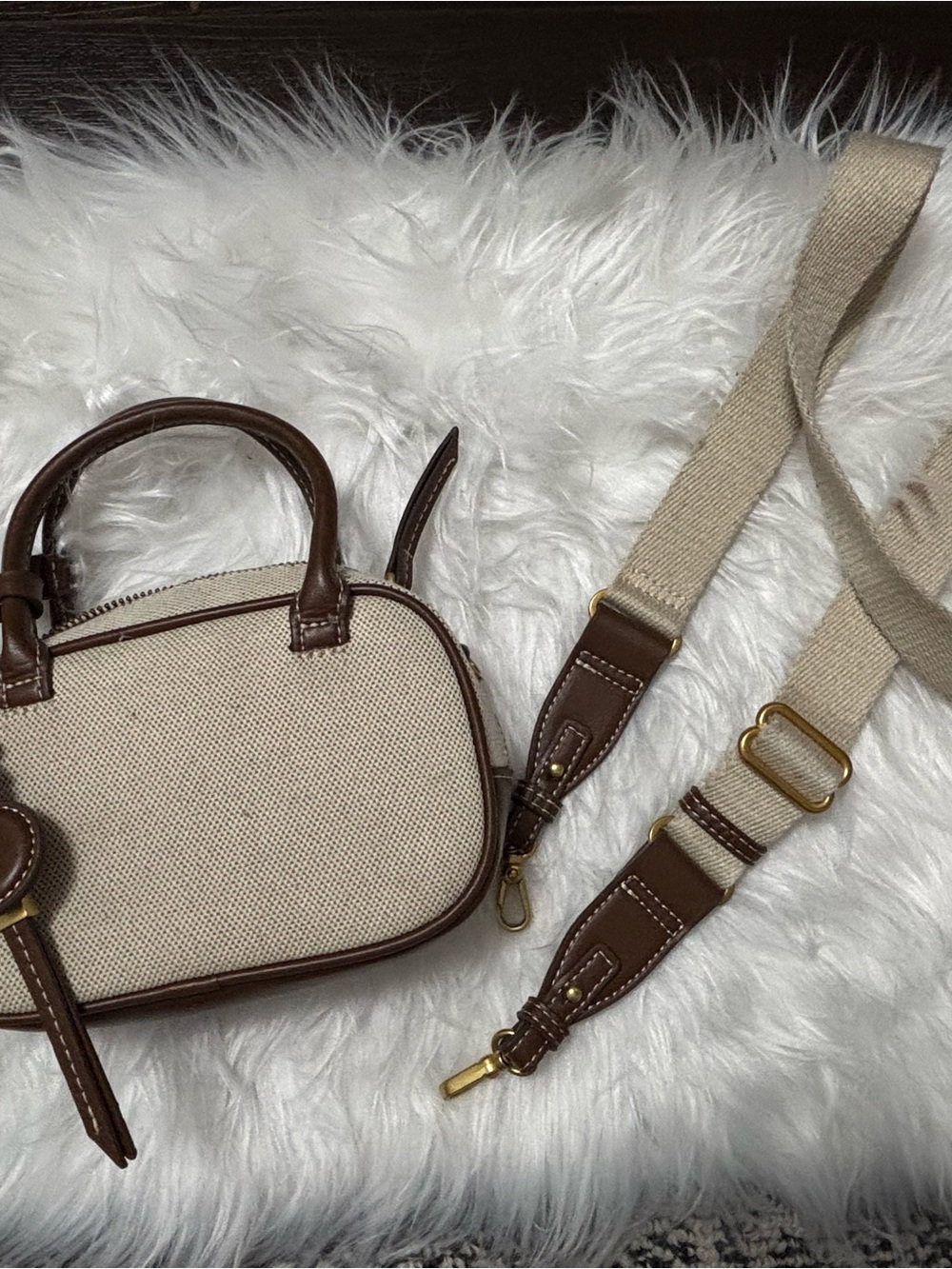 H&M Beige Canvas and Brown Leather Mini Shoulder Bag